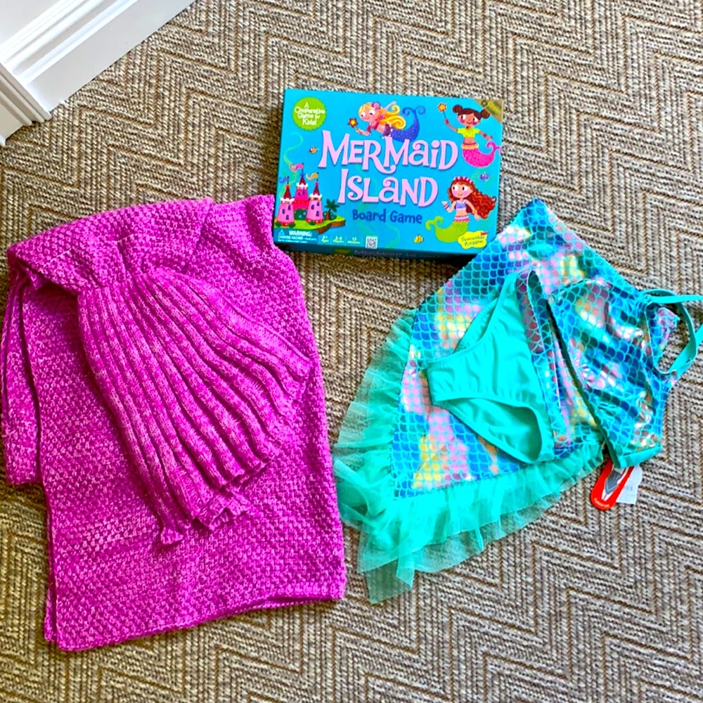 Mermaid bundle-game, blanket, brand new 3 piece swimsuit. All perfect condition